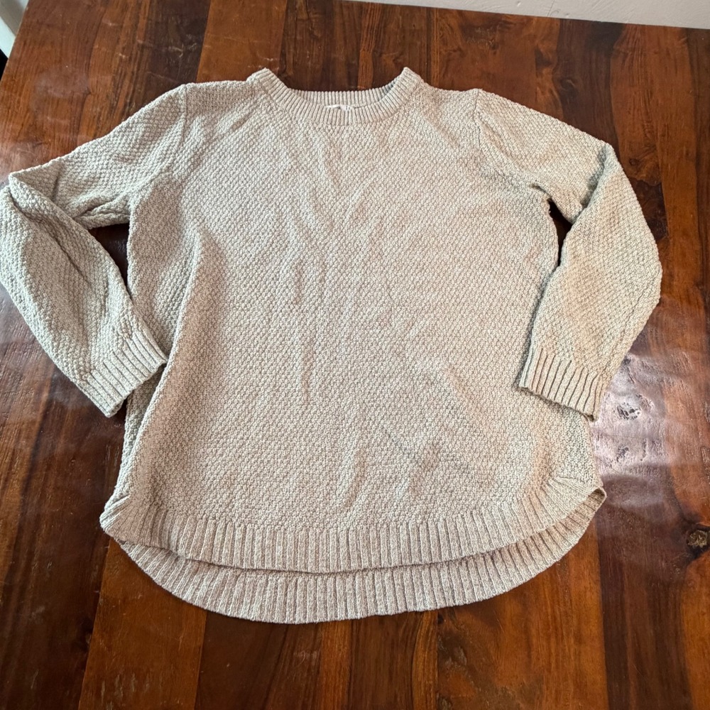 Pink Clover Oatmeal Beige Textured Knit Crewneck Sweater Curved Hem Large